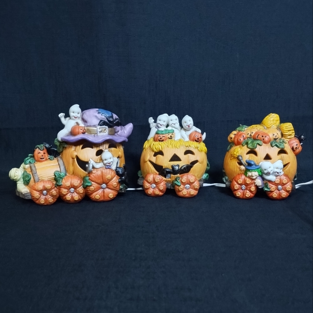 Vintage Ceramic Spooky Halloween Pumpkin Jack O Lantern Train String Lights - Picture 4 of 12